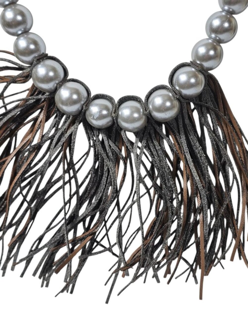 Plunder grey faux pearls leather fringe long Necklace Grunge Retro Art - Picture 4 of 8